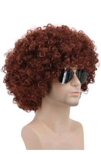 Men Women 70s 80s Short Curly Brown Party Afro Wig *Glasses Not Included* 010 - Picture 3 of 4