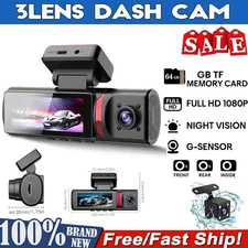 3Lens Dash Cam 1080P Front/Rear/Inside Video Recorder Car Camera G-Sensor +64GB 