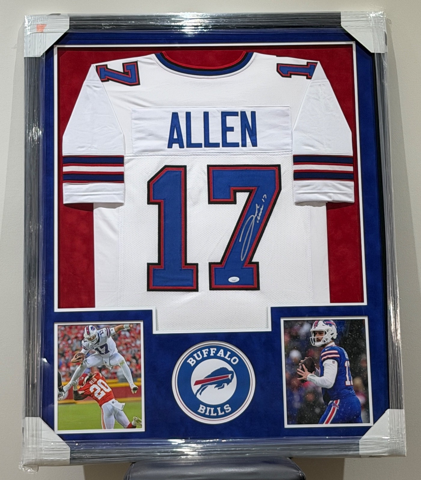 josh allen Autographed Signed Buffalo Bills Jersey Framed 34x42 Double Suede JSA COA 