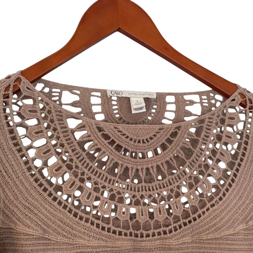 Cato Tan/Neutral Long Sleeve Boho Cotton Crochet Open Hollow Out Knit Sweater, L - Image 2 of 4