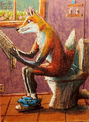 Jacob Landis Limited edition ACEO print /250 fox toilet ''Meditating on the Pot''