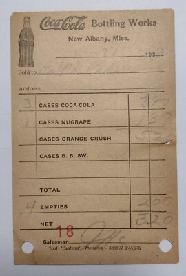 1938 Coca Cola Bottling Works Invoice Letterhead New Albany, Mississippi