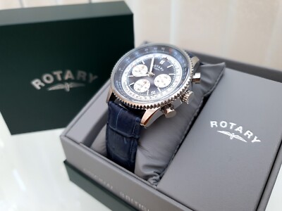 Neu ROTARY Herrenuhr blaues Leder-Zifferblatt, WR 50m, verpackt UVP 250£ Geschenk für Ihn