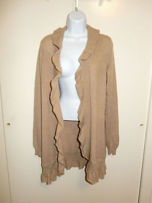 CHARTER CLUB 100% CASHMERE SAND BROWN OPEN FRONT FRILL LONG CARDIGAN  SWEATER S/M