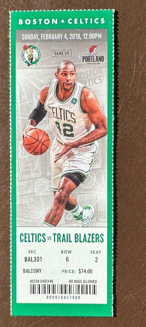 Boston Celtics 2/4/2018 NBA ticket stub vs Portland Trail Blazers