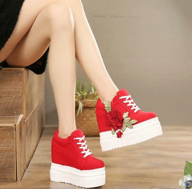  Женские горячие продажи платформе цветочный высоких каблуках на танкетке спортивные туфли на шнуровке - Изображение 4 из 4