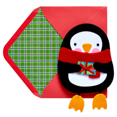 Papyrus 3D Felt Penguin with Knit Sweater Scarf Christmas Holiday Greeting Card