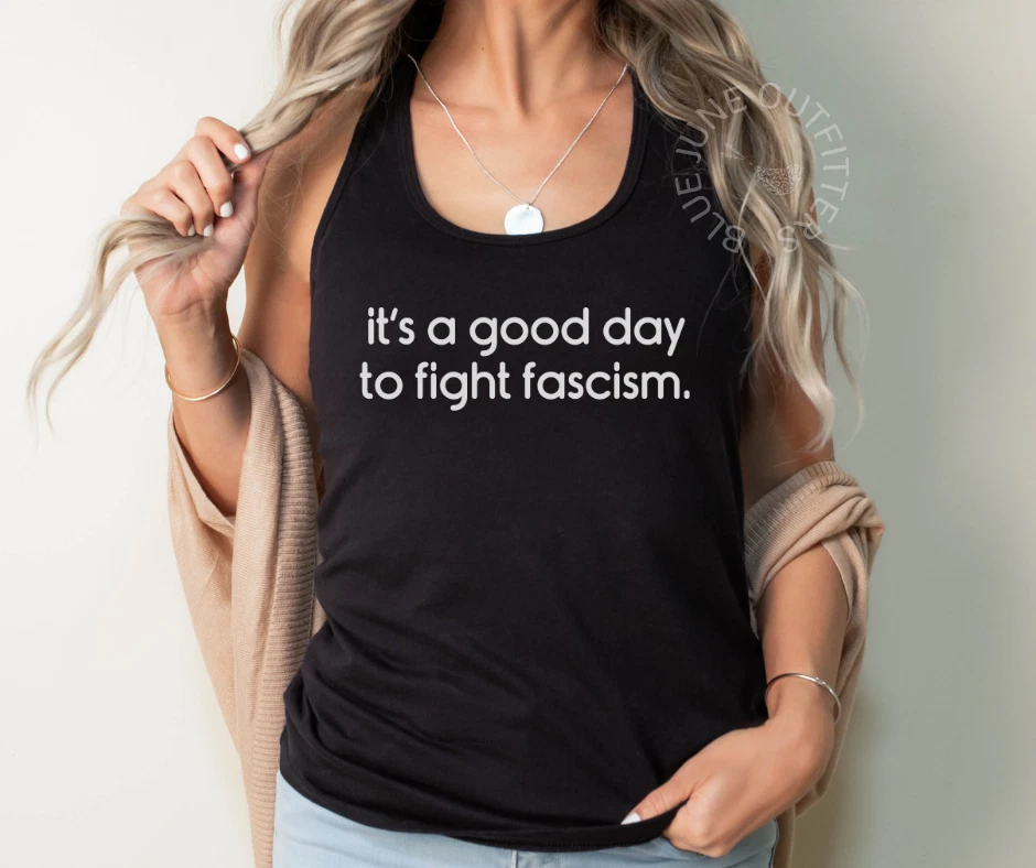 It's a Good Day to Fight Fascism | Camiseta sin mangas feminista espalda deportiva para mujer | FDT Foto 3 de 4