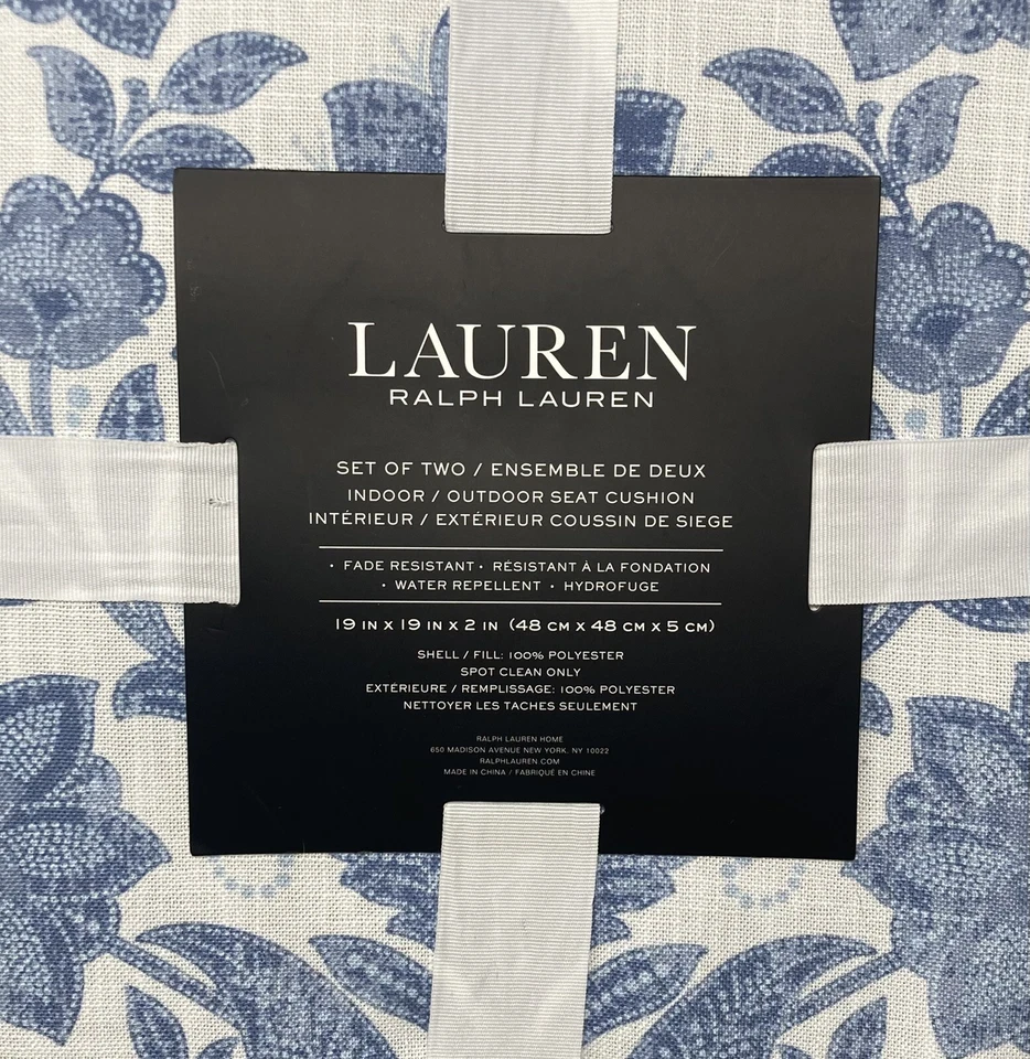 Ralph Lauren 2 Cojines de Asiento Interior Exterior 19x19x2 Azul Blanco Jacobeo Floral Foto 3 de 4