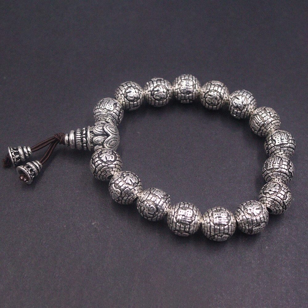 Real S999 Fine Silver 999 Bangle Men Women 12mm Round Fu Beads