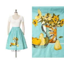 Vintage 1950s Skirt 50s Novelty Print Appliqu  Cotton Floral Blue Full Swing