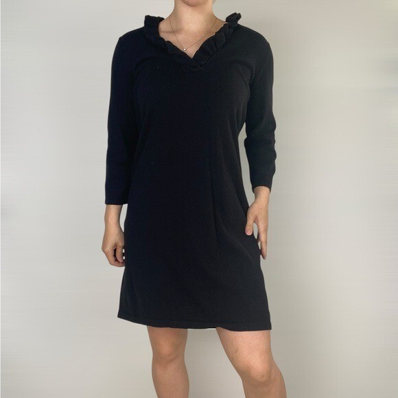 TYLER BOE Knit Sweater Dress Relaxed Black V Neck Ruffle Mini