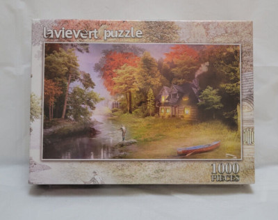 New Lavievert 1000 Pc Jigsaw Puzzle -Man Fishing Rowboat Cabin River Fall Colors
