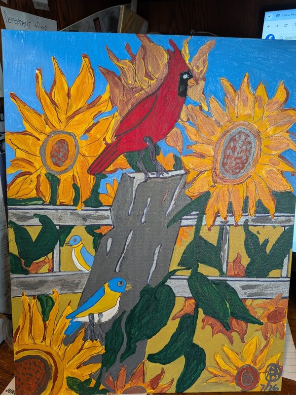 CARDINAL AND BLUE BIRDS ON A STUMP