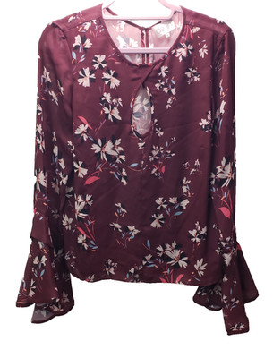 Devlin Womens Casual Floral Bell Sleeve Blouse Top, Dark Red, M