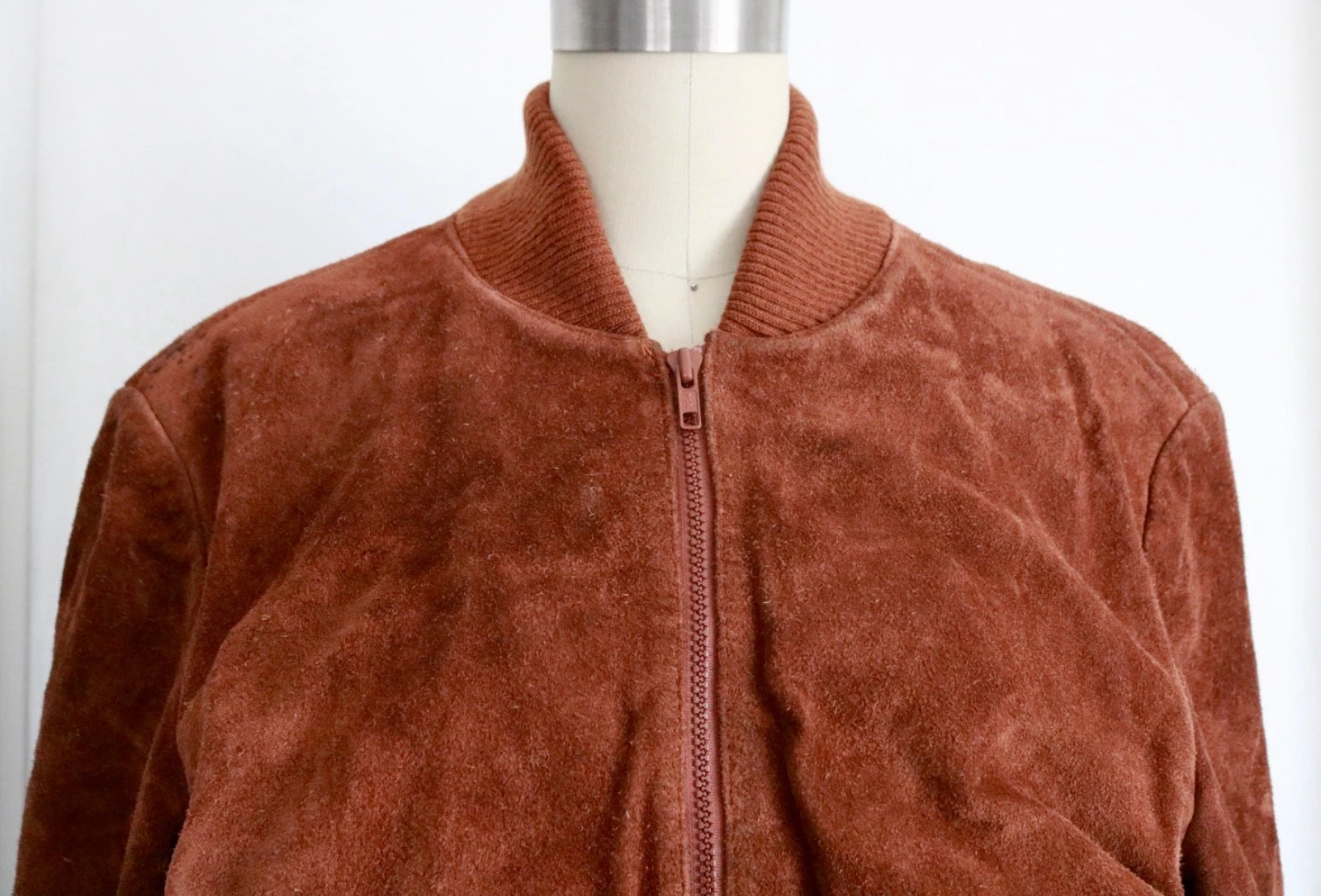 Copper Brown Suede Leather Bomber Jacket Mens Small Vintage Zip Up image 2