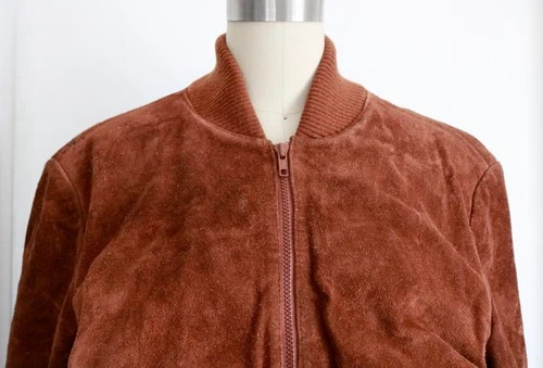 Copper Brown Suede Leather Bomber Jacket Mens Small Vintage Zip Up image 2