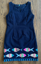 Talbots Petites Navy Fish Embellished Dress 10P Sleeveless Coastal Sheath Blue