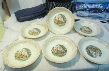 VTG 70'S SET OF 6 BOWLS, COLONIAL COURTING COUPLE GOLD ACCENTS