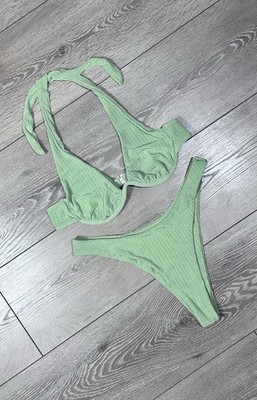 Ribbed Underwire Halter Bikini Set M Sage Green High Cut Thong Bottom Swimsuit