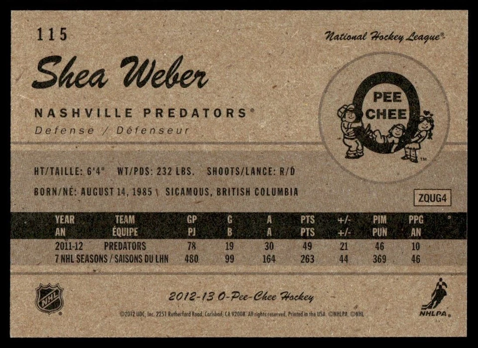 2012-13 O-Pee-Chee Retro Shea Weber Nashville Predators #115 - Image 2 of 2