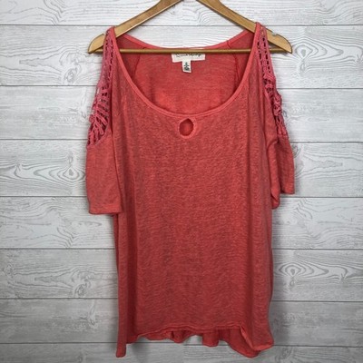 French Laundry Women's 2X Short Sleeve Cold Shoulder Top Lace Detail Scoop Neck