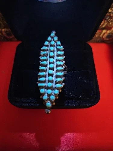 HUGE Vtg Zuni Sterling Silver Petit Point Snake Eye Turquoise 2" Long Ring Sz 9