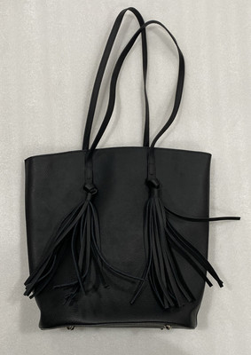 L. CREDI Black Pebbled Leather Structured Tassels Bucket Shopper Tote Italy Flaw