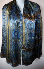 SATIN SILK SCARF Shawl Busy Geometric Design Blue Gold White Rectangle 70 x 17"