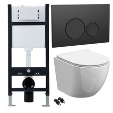 Rimless Wall Hung Toilet Pan, Seat & 1.13m Concealed Cistern Frame WC - Black