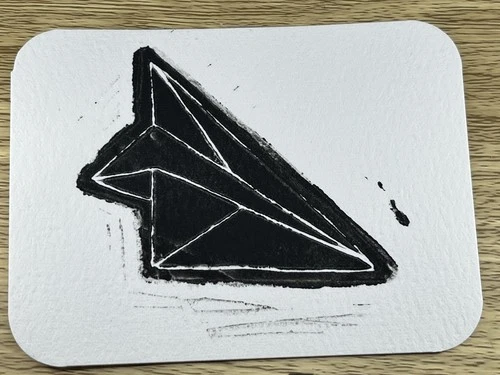 ACEO, Original Origami Paper Plane Linocut on Paper, Plane Art