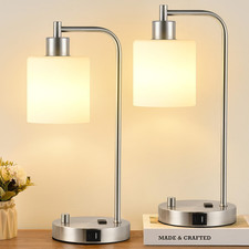 2-PK Industrial Table Lamps w/ 2 USB Port, Fully Stepless Dimmable Bedside Lamps