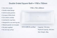 1700 & 1800 x 750/800 Double Ended Square Acrylic Bath No Tap Holes