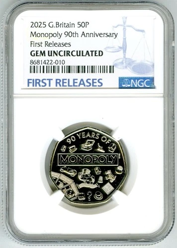 2025 GREAT BRITAIN 50P NGC GEM UNC 90TH ANNIVERSARY MONOPOLY - FIRST RELEASES