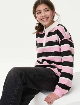 Marks & Spencer Girls Multi Coloured Cotton Collar Long sleeved Girls Top - M&S