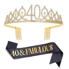 Black Gold "40  Fabulous"Sash  Rhinestone Tiara Set, 40th Birthday Gifts fo...