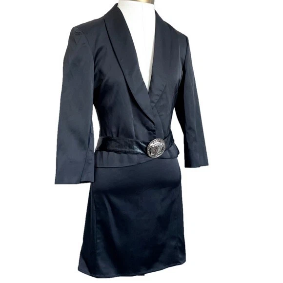 Tuta vintage Y2K Versace nera in raso blazer gonna con cintura Medusa S M