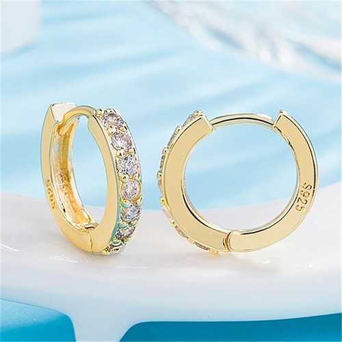 925 Sterling Silver 18K Gold Plated Cubic Crystal Cuff Huggie Stud Hoop Earrings - Picture 15 of 24