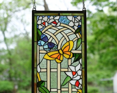 Handmade Stained Glass Butterfly Window Panel – Tiffany Style, Copper Foil, 20.5 X 34.5 Inches, Hanging Decor For Garden, Sunroom, Or Bay Window
