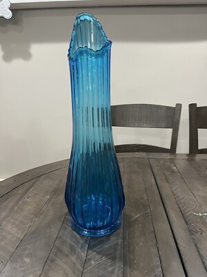 LE Smith 20'' Broken Ribbed Swung Glass Vase Peacock Blue Floor Vase See Pics