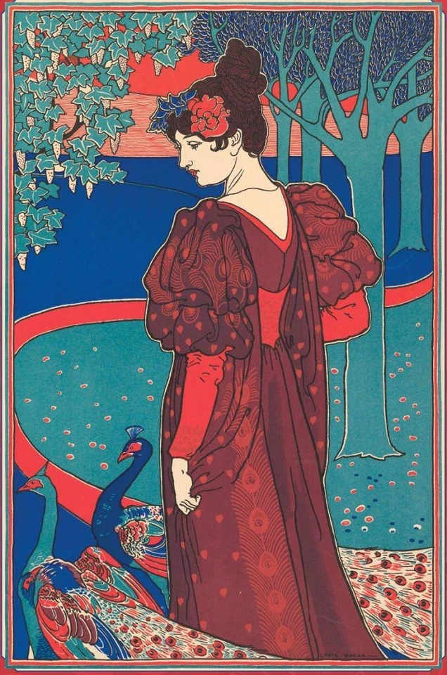 Póster Art Nouveau de mujer con pavos reales Louis Rhead impresión artística 1897 decorativo Foto 2 de 2
