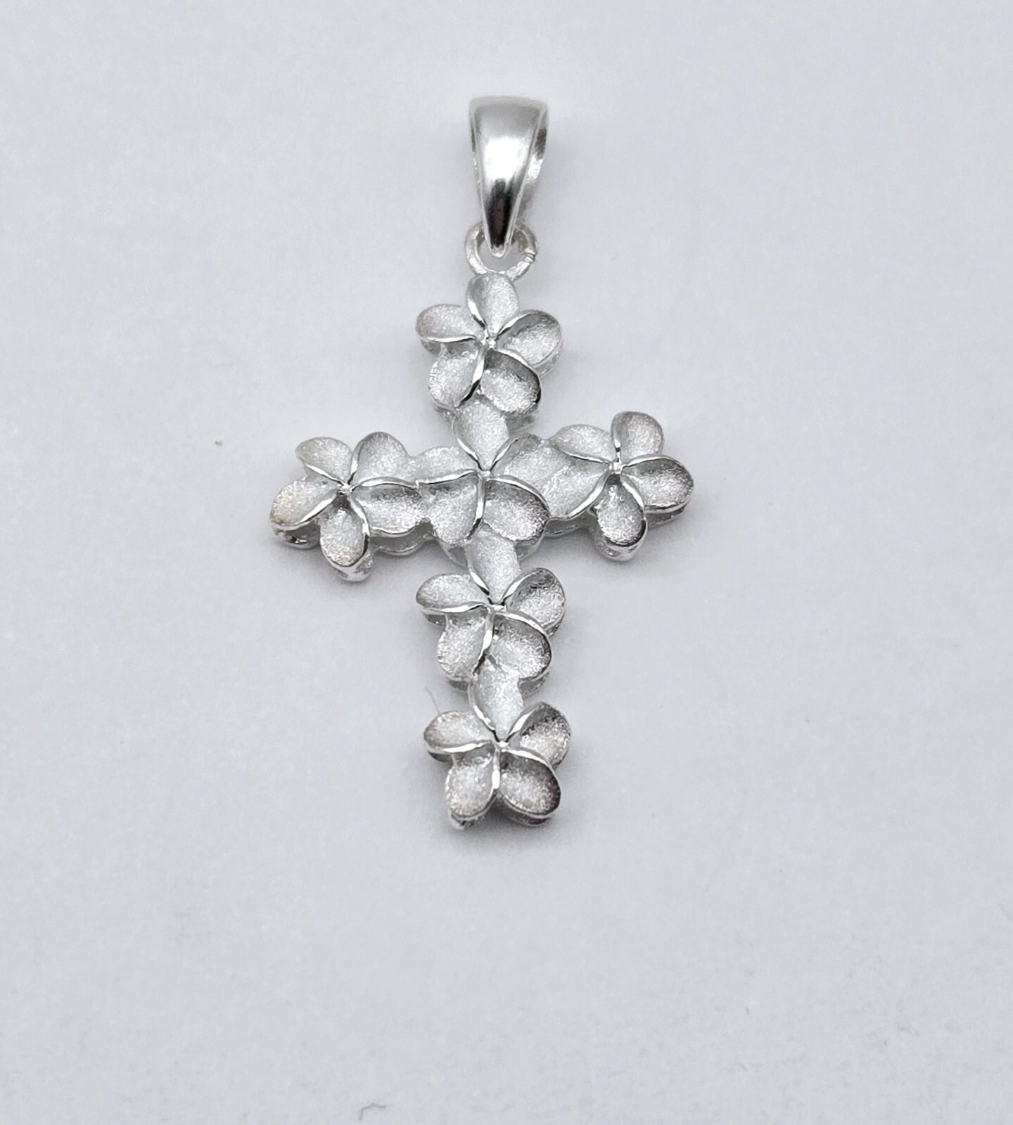 Vintage Sterling Silver White Plumeria Enamel Religious CROSS Drop Pendant - 2g