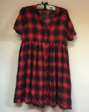 Anthropologie Tylho Mona Plaid Dress XS Button Down Short Sleeve Red/Black Rayon