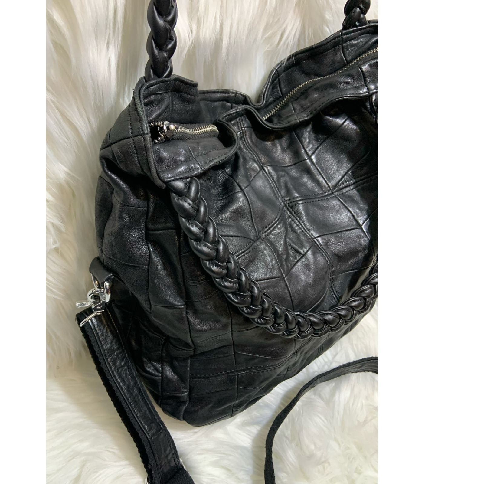 Women's Patchwork Design Double Handle Braided Le… - image 2