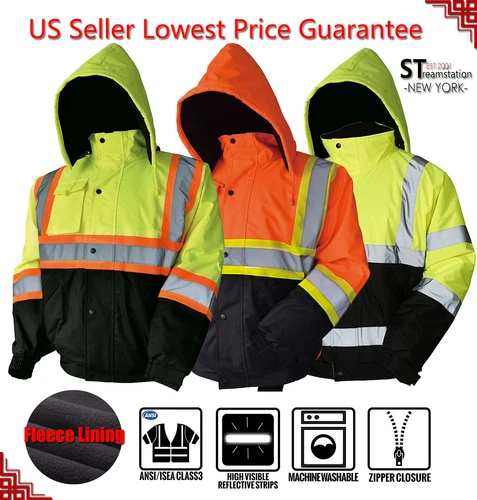 Hi Vis Class 3 Insulated Safety Jacket Bomber Jacket Coat Fleece Reflective  - product listing photo