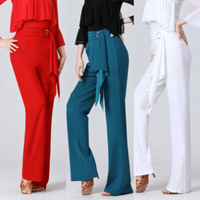 Lady Latin Dancing Pants Flared Trousers Solid Salsa Dancewear Modern Ballroom