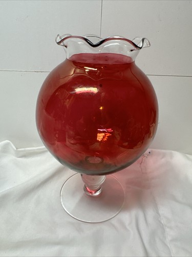 Vintage Cranberry Carnival Glass Ruffle Top Rose Bowl Vase Clear Pedestal Base - Picture 2 of 10
