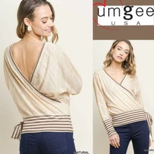 SML UMGEE NATURAL Crossbody Heathered Striped Tie Side Shirt/TOP/BLOUSE BHCS