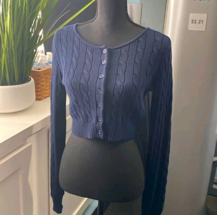 Brandy Melville Athelia Knit Cardigan Navy Blue Cable Knit Chunky