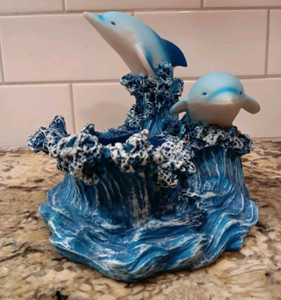 Jumping Playing in Waves Dolphins Statue Figurine Votive Candle Holder X